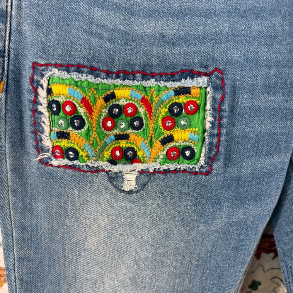 Desigual Maternity Jeans Light Wash Embroidered Patchwork Mirror Detail Boho - Picture 3 of 15